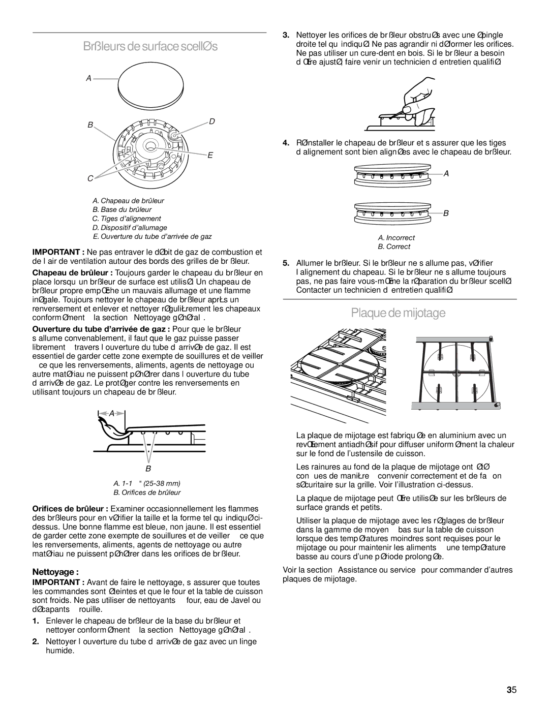 KitchenAid YKDRP467, KDRP487, KDRP463, KDRP462, YKDRP407 manual Brûleurs de surface scellés, Plaque de mijotage, Nettoyage 