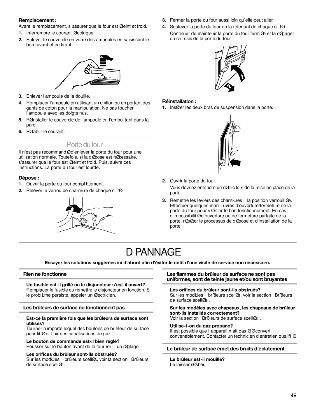 KitchenAid KDRP487, KDRP463, KDRP462, YKDRP407, YKDRP467 manual Dépannage, Porte du four 