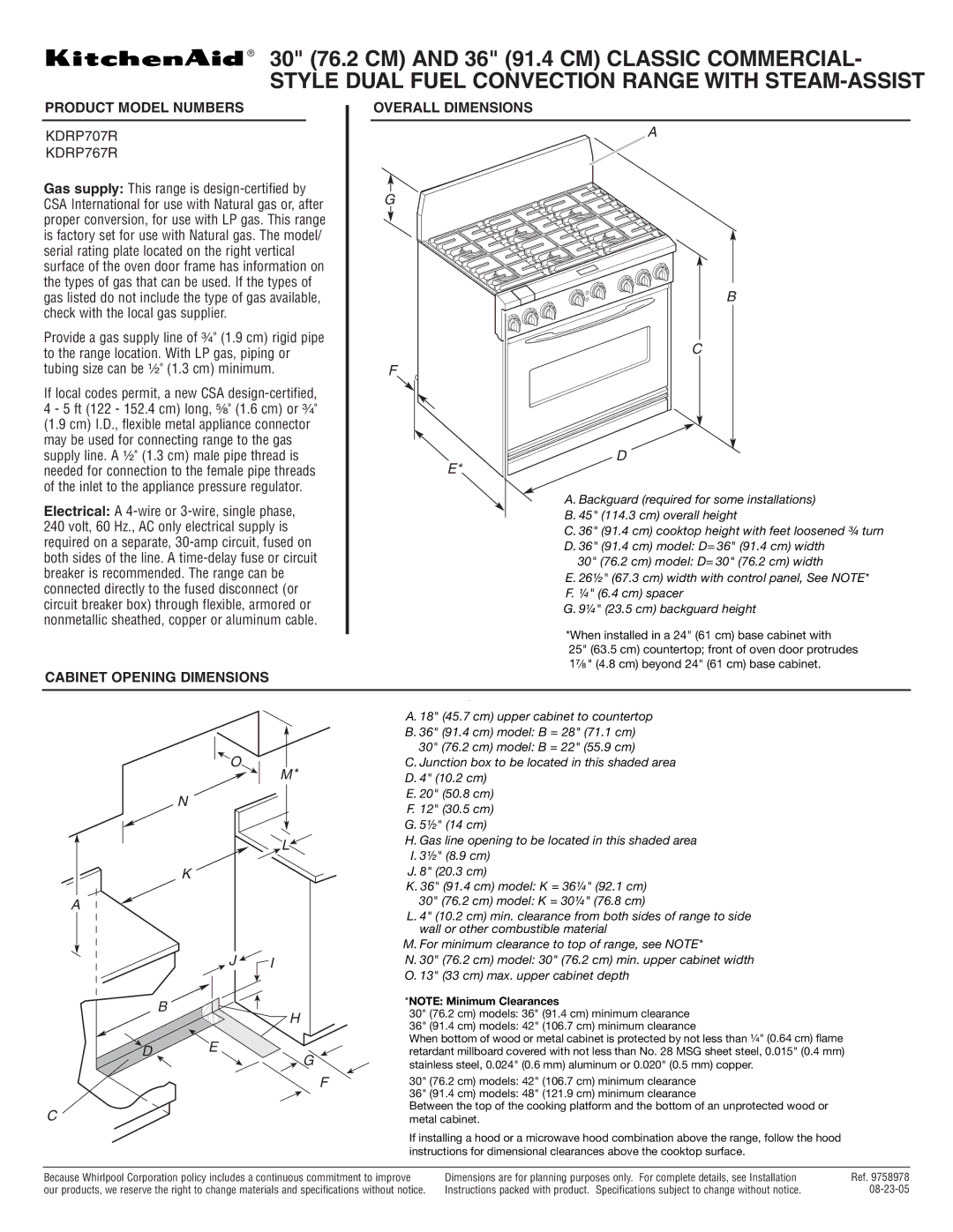 KitchenAid dimensions Style Dual Fuel Convection Range with STEAM-ASSIST, KDRP707R KDRP767R, Cabinet Opening Dimensions 