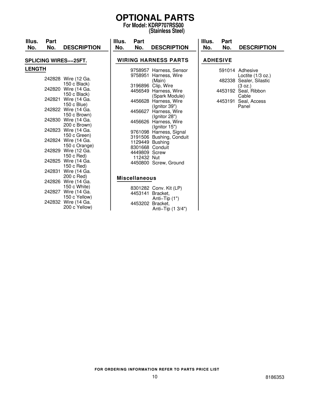 KitchenAid KDRP707RSS00 manual Optional Parts, Wiring Harness Parts 
