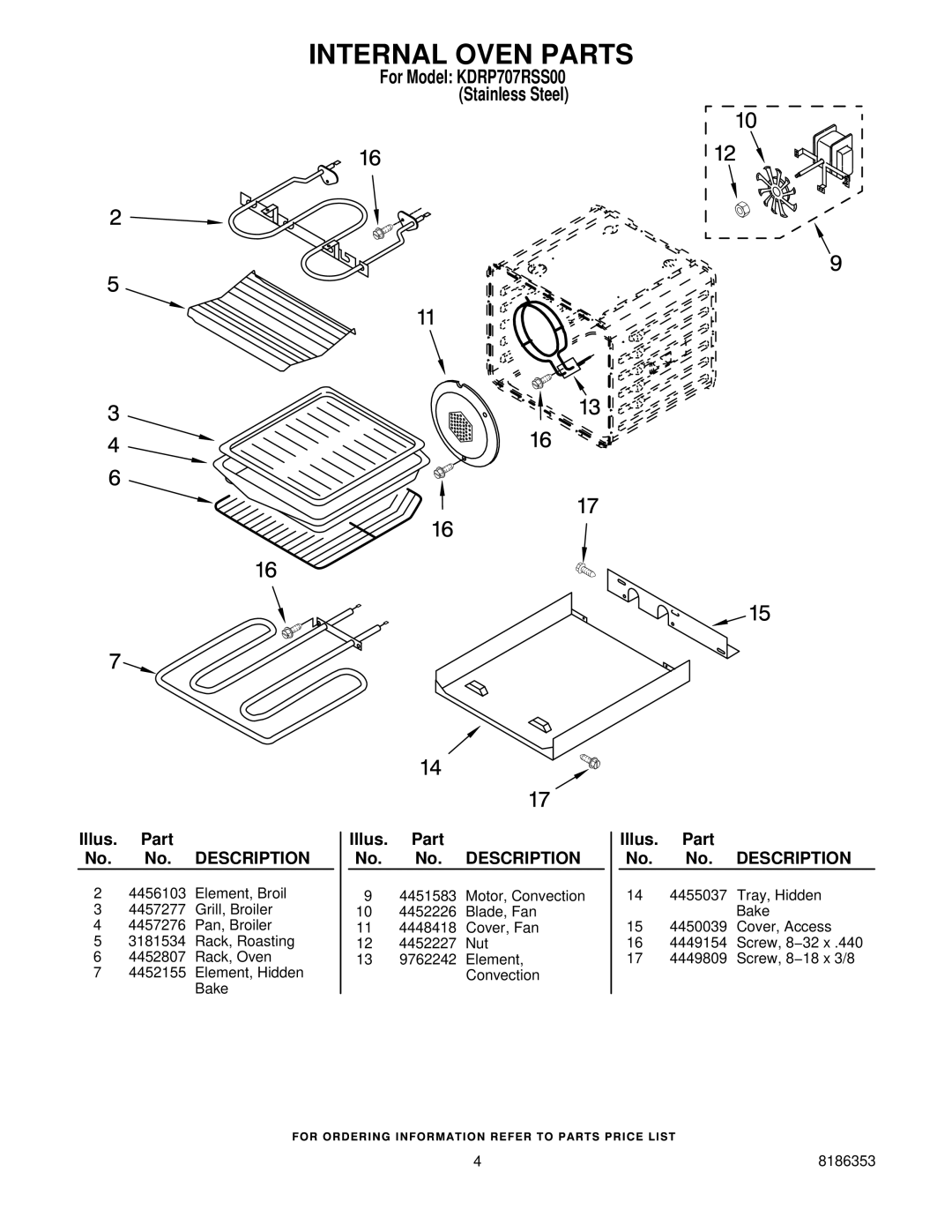 KitchenAid manual Internal Oven Parts, For Model KDRP707RSS00 Stainless Steel 