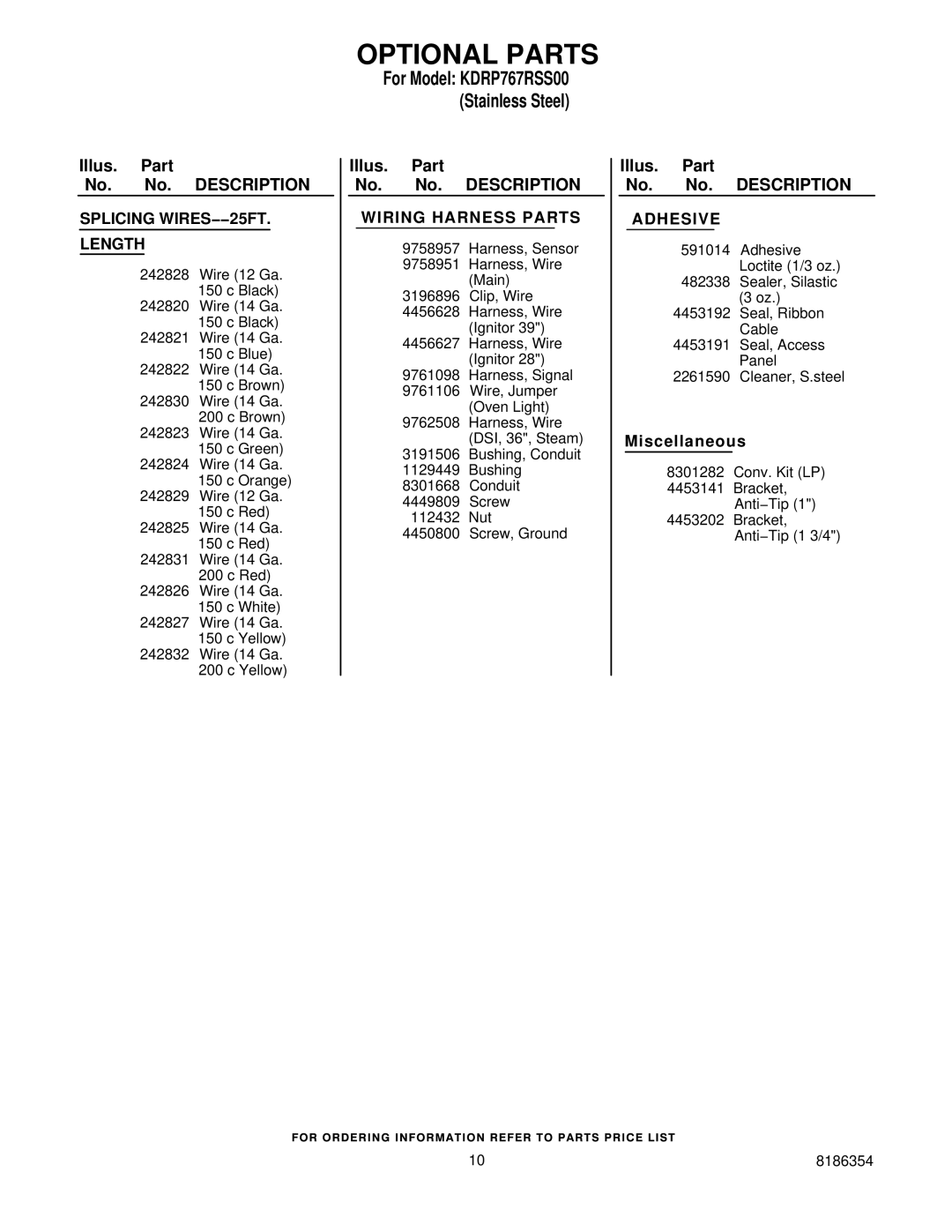 KitchenAid KDRP767RSS00 manual Optional Parts, Wiring Harness Parts 