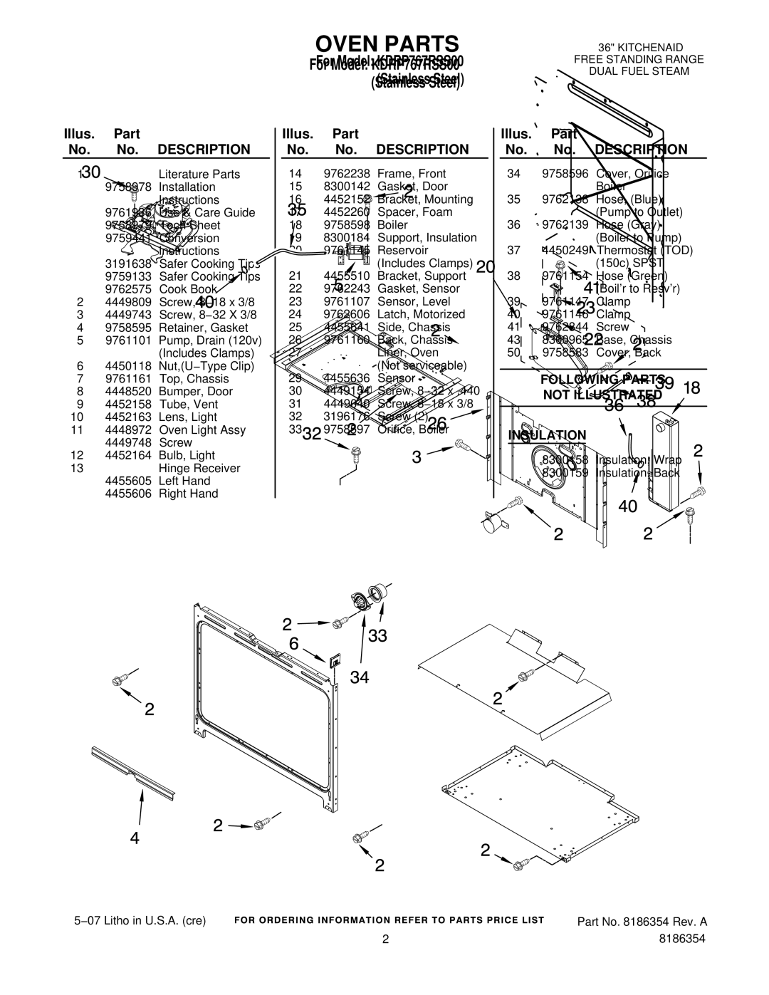 KitchenAid KDRP767RSS00 manual Oven Parts, Illus. Part No. No. Description 