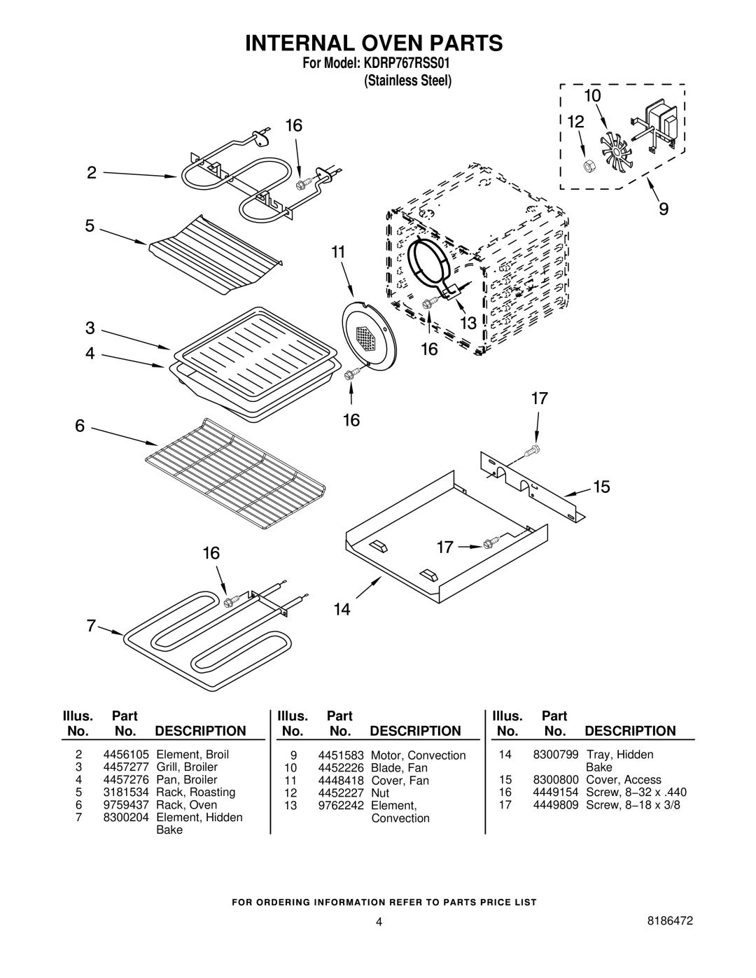 KitchenAid manual Internal Oven Parts, For Model KDRP767RSS01 Stainless Steel 