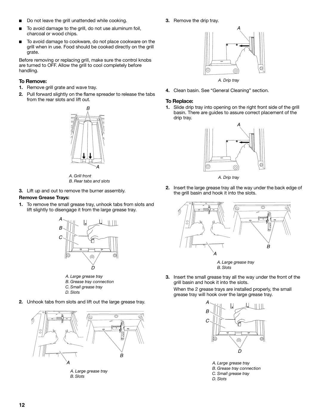 KitchenAid KDRS483, KDRS467, KDRS463, KDRS407, KDRS462 manual To Remove, To Replace, Remove Grease Trays 