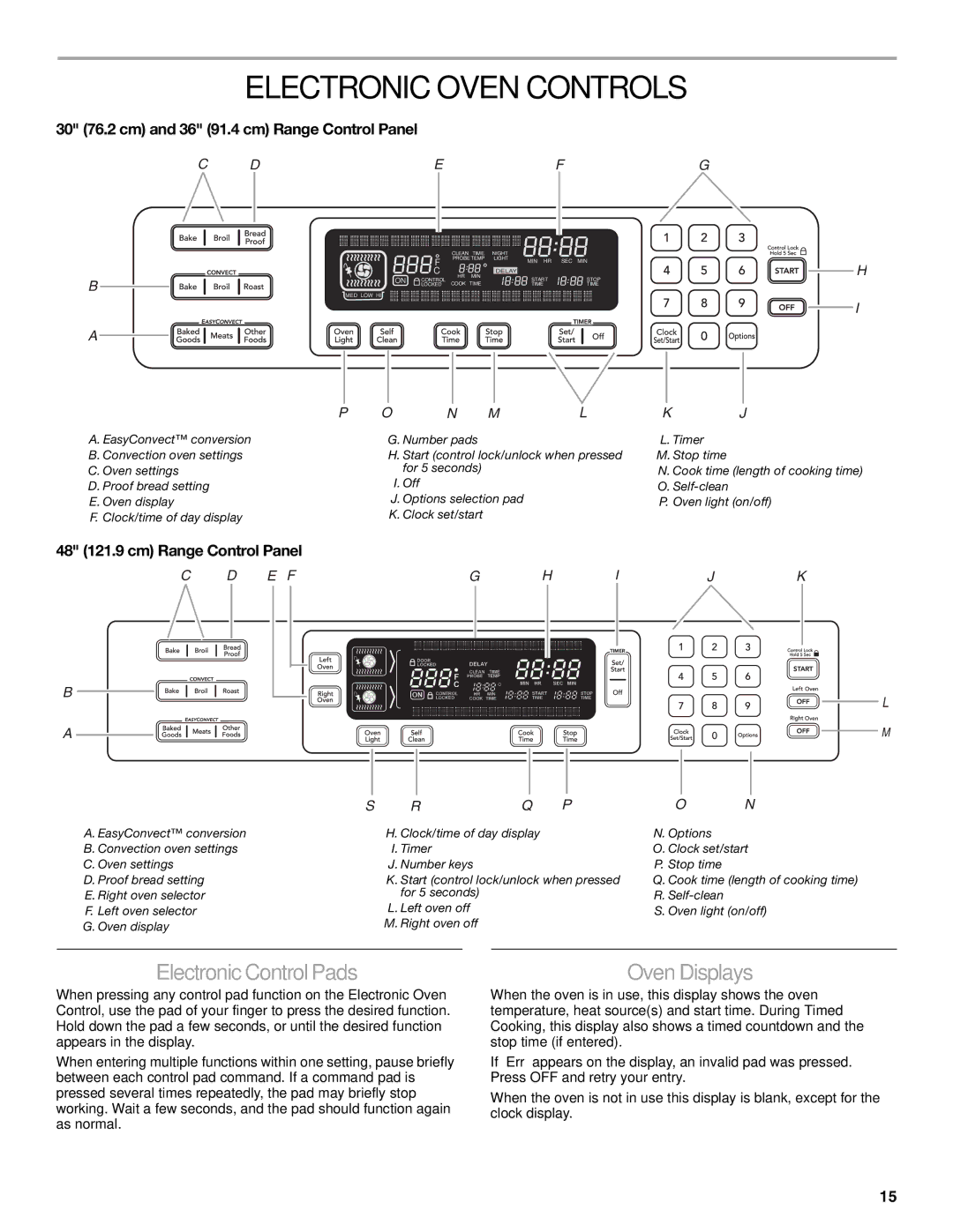 KitchenAid KDRS467 manual Electronic Oven Controls, Electronic Control Pads, Oven Displays, 48 121.9 cm Range Control Panel 