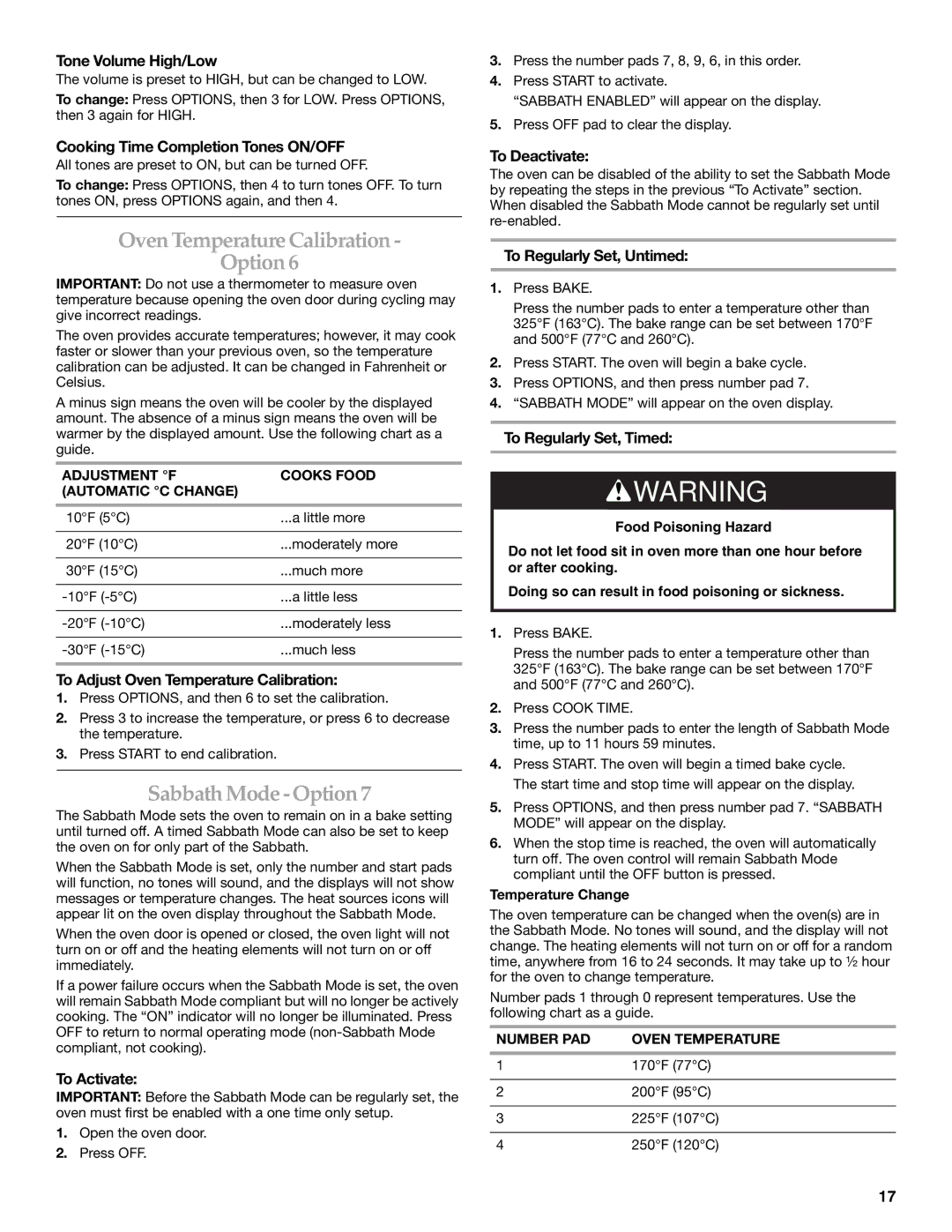 KitchenAid KDRS483, KDRS467, KDRS463, KDRS407, KDRS462 manual Oven Temperature Calibration Option, Sabbath Mode Option 