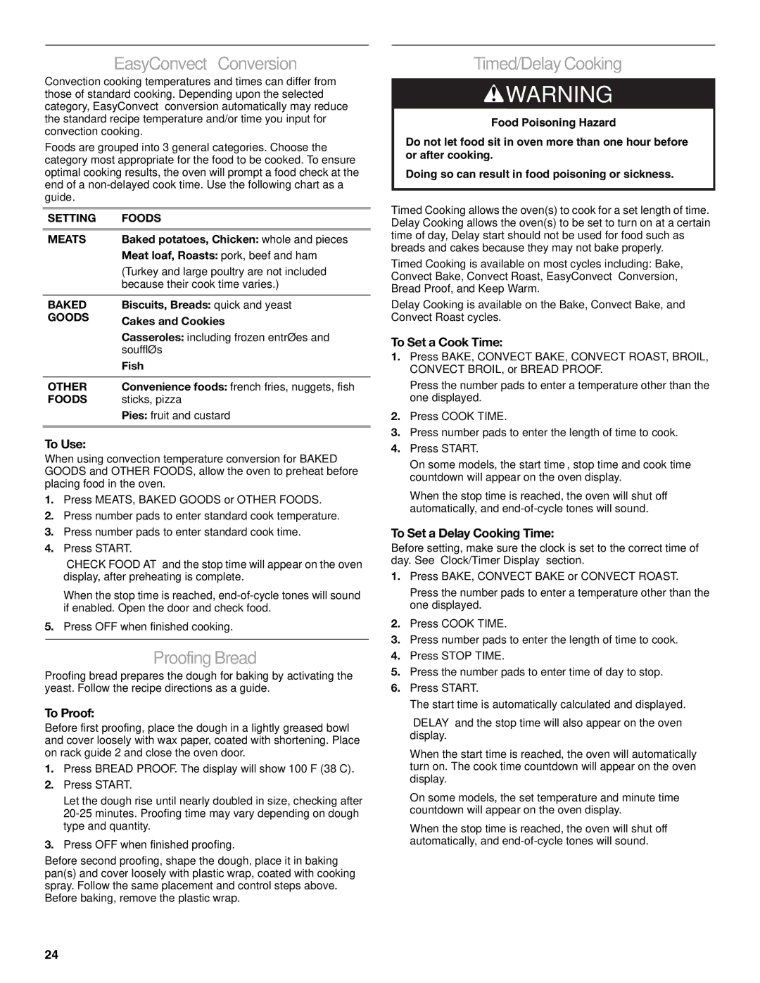 KitchenAid KDRS462, KDRS467, KDRS463, KDRS483, KDRS407 manual EasyConvect Conversion, Proofing Bread, Timed/Delay Cooking 