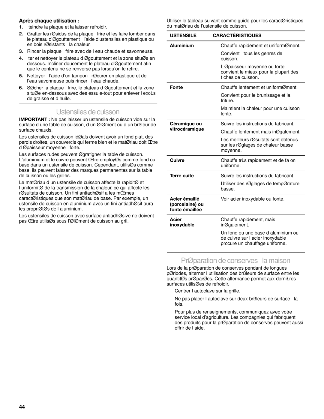 KitchenAid KDRS462, KDRS467, KDRS463 Ustensiles de cuisson, Préparation de conserves à la maison, Après chaque utilisation 