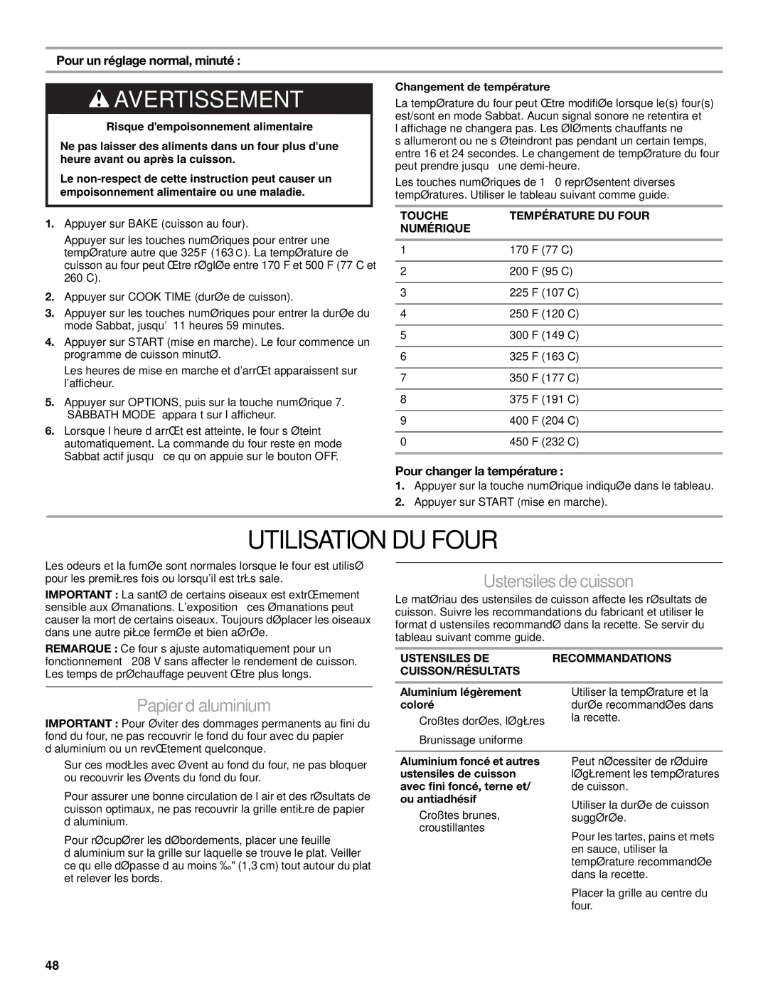 KitchenAid KDRS407 Utilisation DU Four, Papier d’aluminium, Pour un réglage normal, minuté, Pour changer la température 