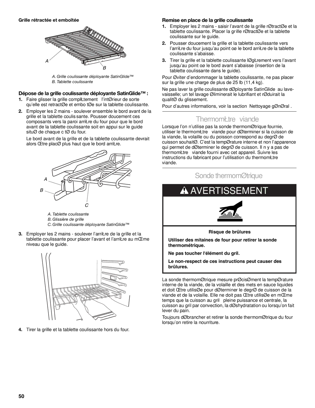 KitchenAid KDRS467 manual Thermomètre à viande, Sonde thermométrique, Dépose de la grille coulissante déployante SatinGlide 