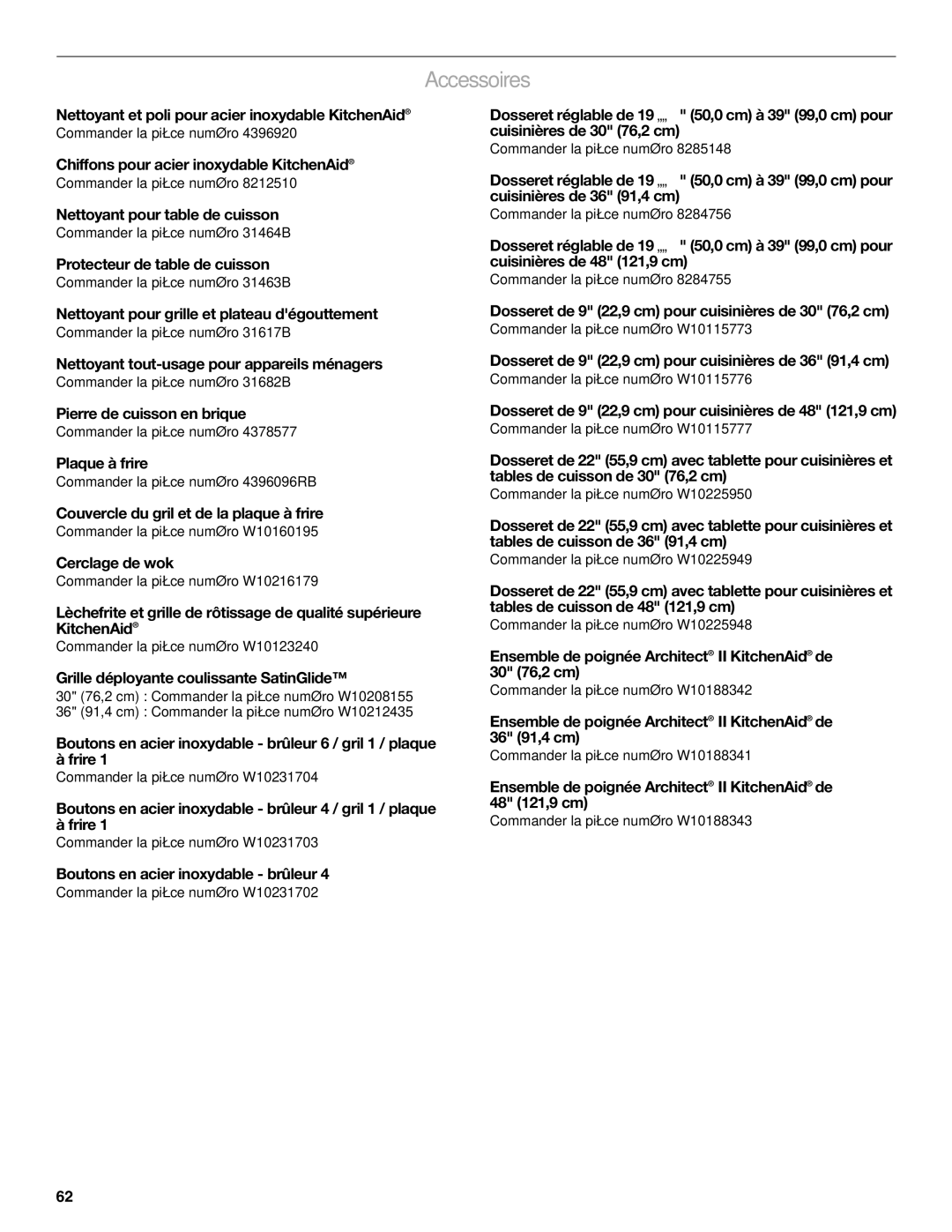 KitchenAid KDRS483, KDRS467, KDRS463, KDRS407, KDRS462 manual Accessoires 