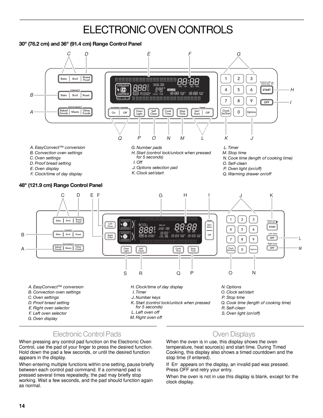 KitchenAid KDRS462, KDRS467 Electronic Oven Controls, ElectronicControlPads, OvenDisplays, 48 121.9 cm Range Control Panel 