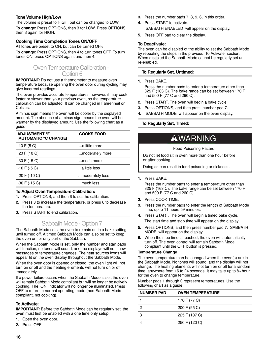 KitchenAid KDRS463, KDRS467, KDRS483, KDRS407, KDRS462 manual Oven Temperature Calibration Option, Sabbath Mode-Option 