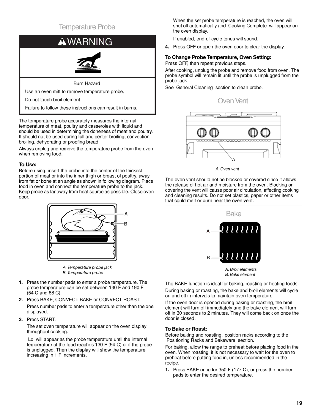 KitchenAid KDRS462, KDRS467 Temperature Probe, OvenVent, To Change Probe Temperature, Oven Setting, To Bake or Roast 