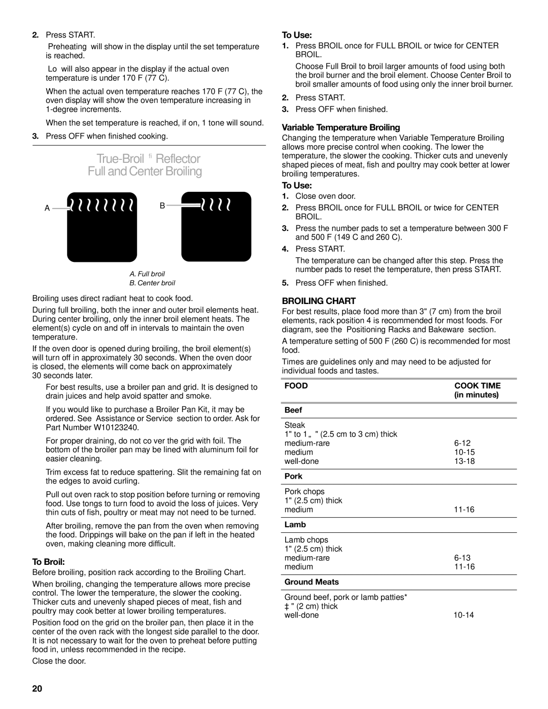 KitchenAid KDRS467 True-BroilReflector Full and CenterBroiling, To Broil, Variable Temperature Broiling, Broiling Chart 