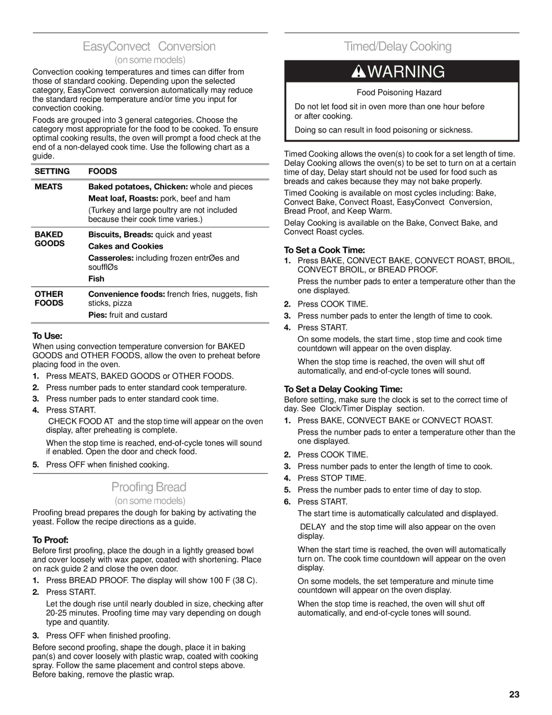 KitchenAid KDRS407, KDRS467, KDRS463, KDRS483, KDRS462 manual EasyConvect Conversion, Proofing Bread, Timed/Delay Cooking 