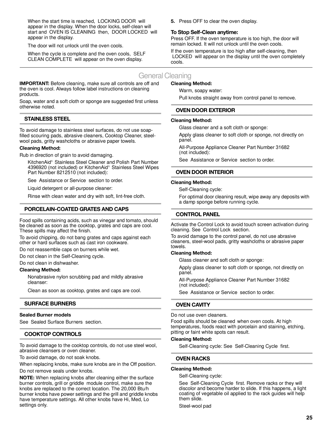 KitchenAid KDRS467, KDRS463, KDRS483, KDRS407, KDRS462 manual General Cleaning 