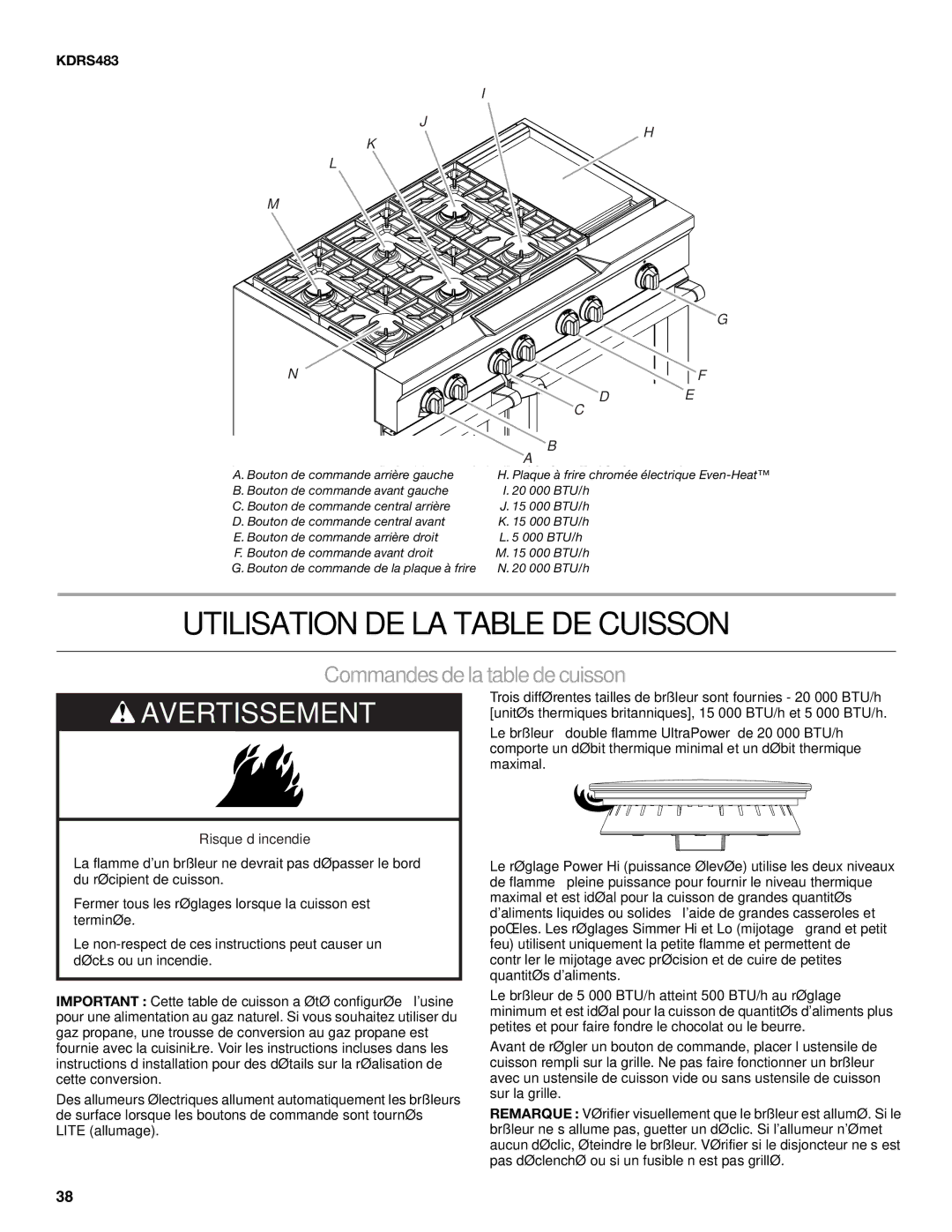 KitchenAid KDRS407, KDRS467, KDRS463, KDRS483, KDRS462 manual Utilisation DE LA Table DE Cuisson, Commandesdela table decuisson 