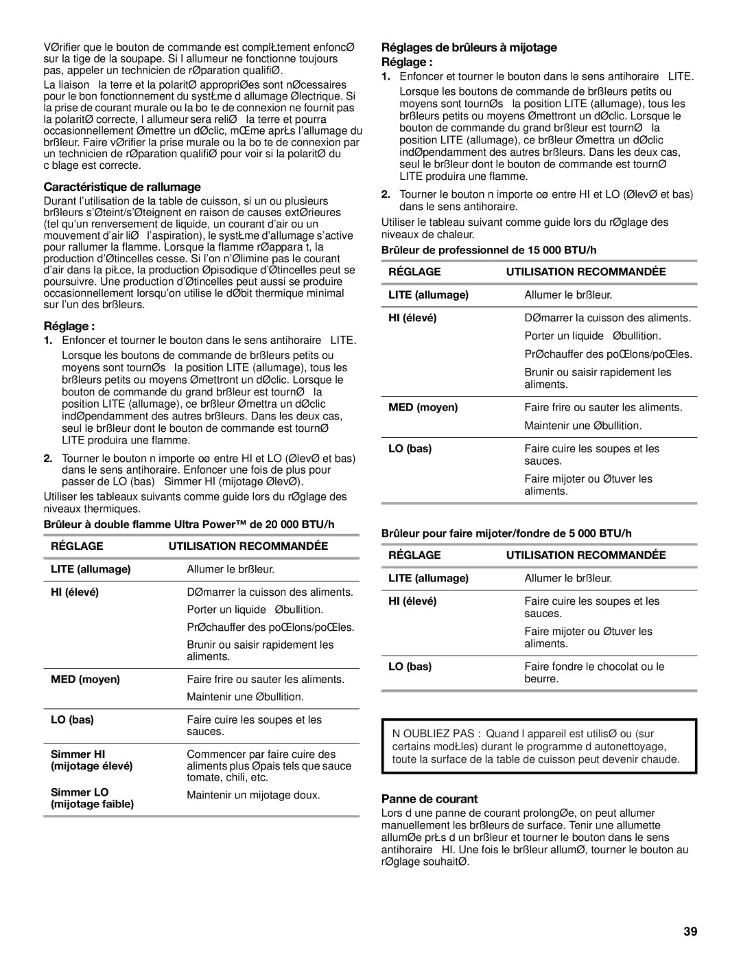 KitchenAid KDRS462, KDRS467, KDRS463 Caractéristique de rallumage, Réglages de brûleurs à mijotage, Panne de courant 