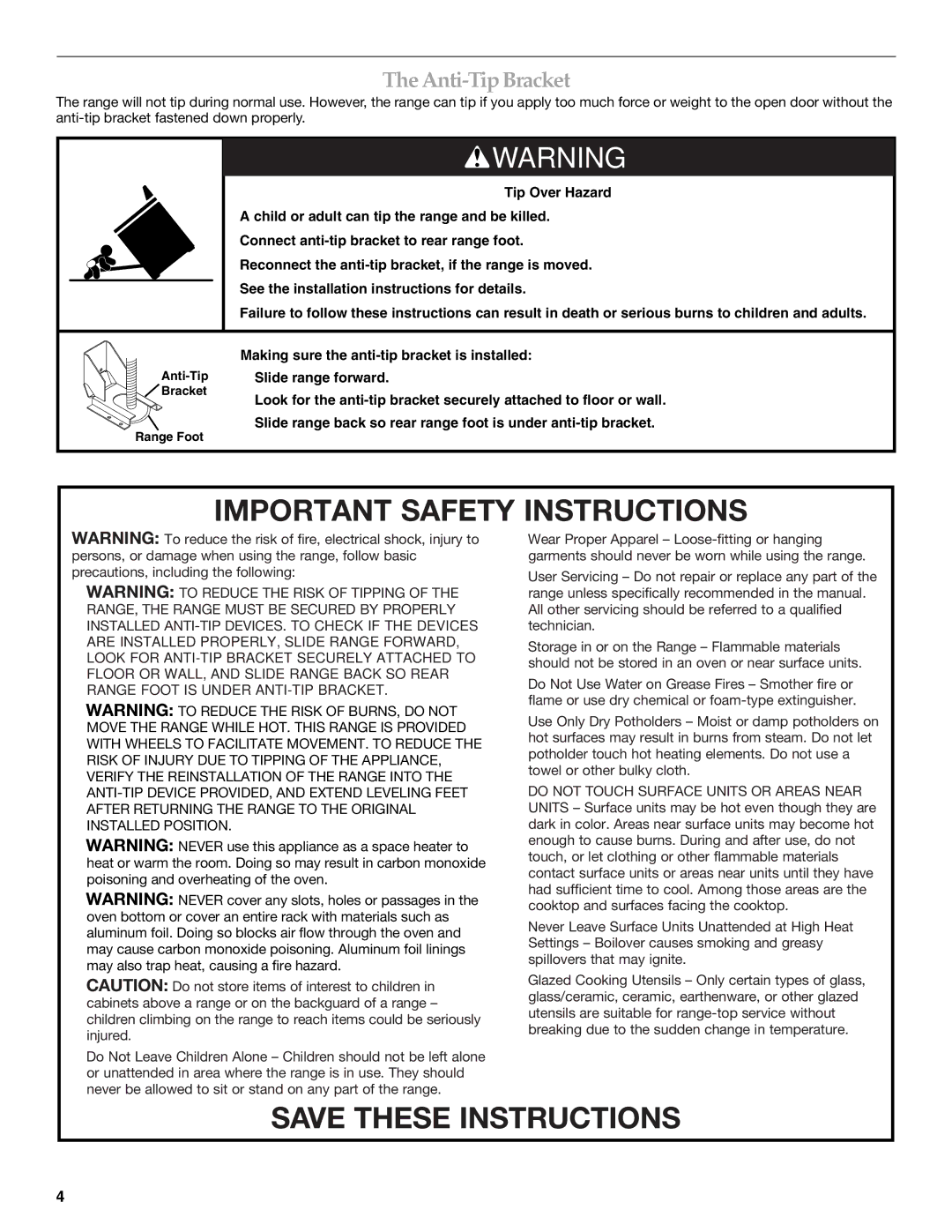 KitchenAid KDRS462, KDRS467, KDRS463, KDRS483, KDRS407 manual Important Safety Instructions, Anti-Tip Bracket 