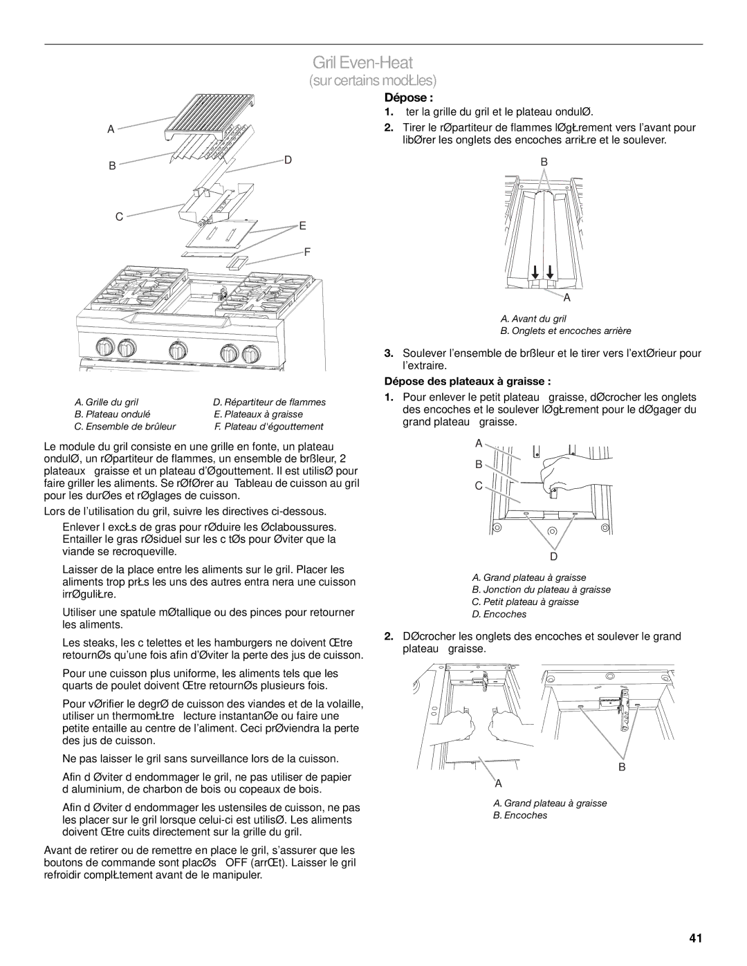 KitchenAid KDRS463, KDRS467, KDRS483, KDRS407, KDRS462 manual Gril Even-Heat, Dépose des plateaux à graisse 