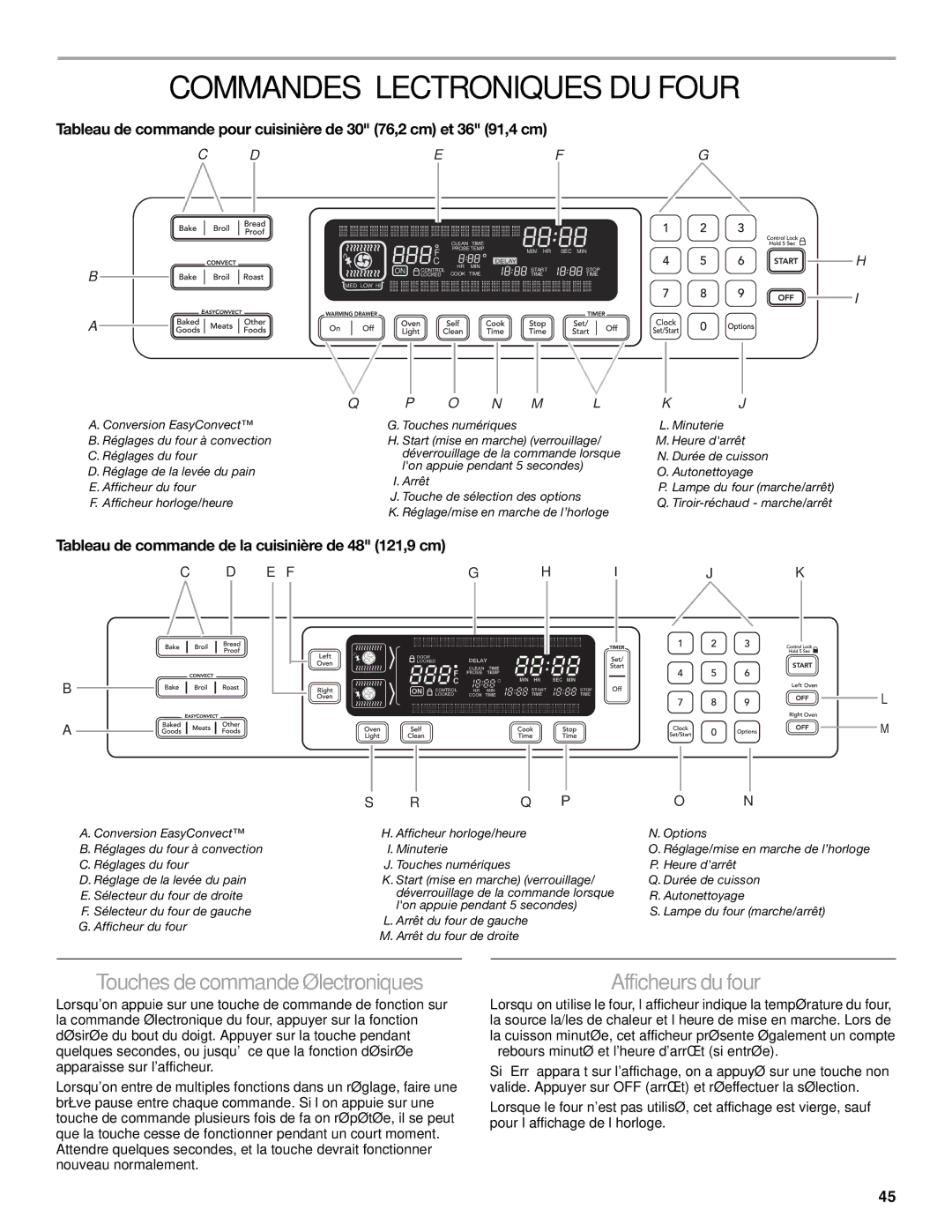 KitchenAid KDRS467, KDRS463, KDRS483 Commandes Électroniques DU Four, Touches decommandeélectroniques, Afficheurs du four 