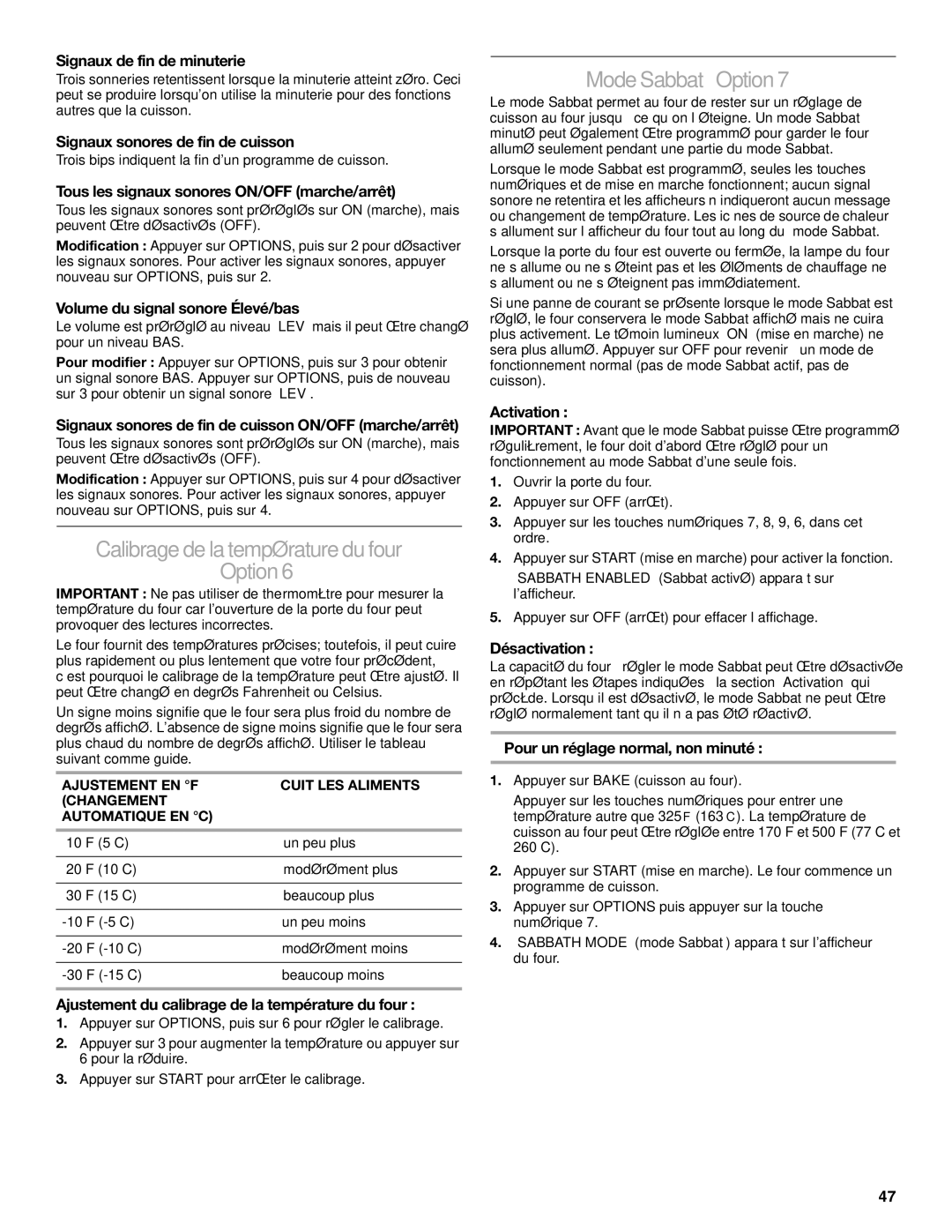 KitchenAid KDRS483, KDRS467, KDRS463, KDRS407, KDRS462 manual Calibragede latempératuredu four Option, ModeSabbat-Option7 