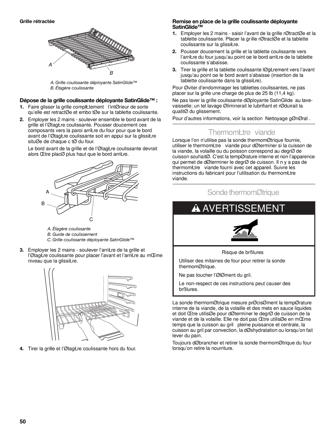 KitchenAid KDRS467, KDRS463 Thermomètreàviande, Sondethermométrique, Dépose de la grille coulissante déployante SatinGlide 