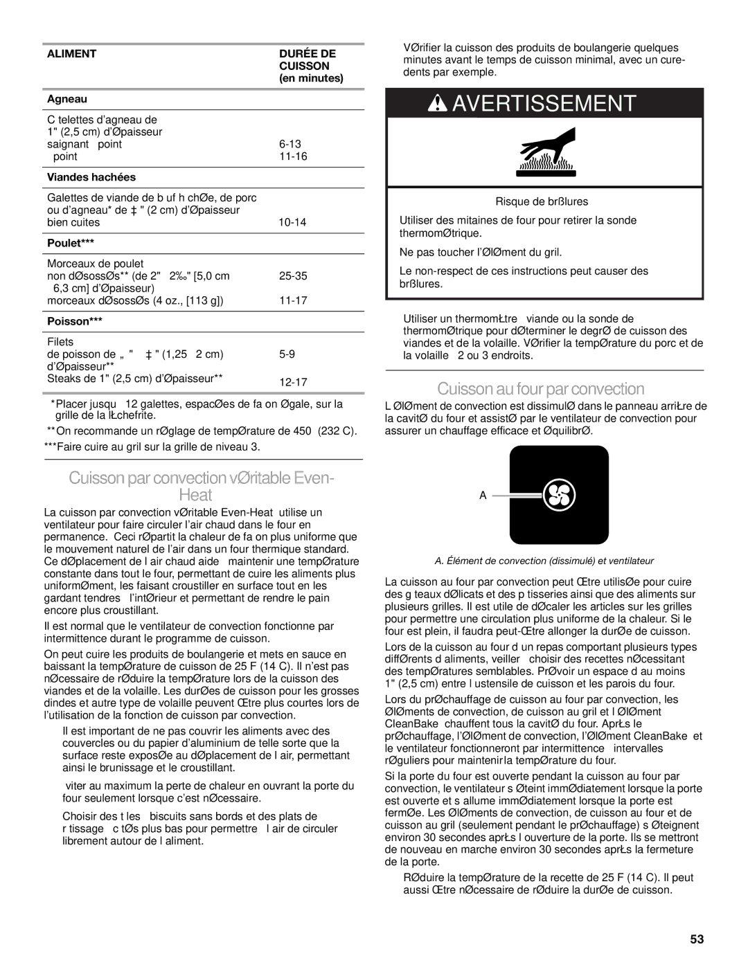 KitchenAid KDRS407 manual Cuisson par convection véritableEven Heat, Cuisson aufourpar convection, Agneau, Viandes hachées 