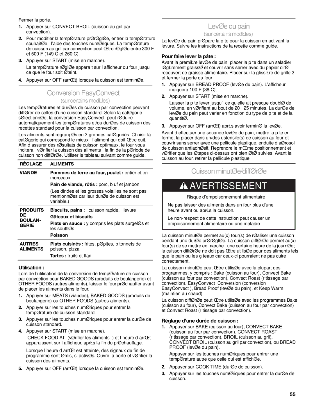 KitchenAid KDRS467, KDRS463 manual Conversion EasyConvect, Levéedu pain, Cuisson minutée/différée, Pour faire lever la pâte 