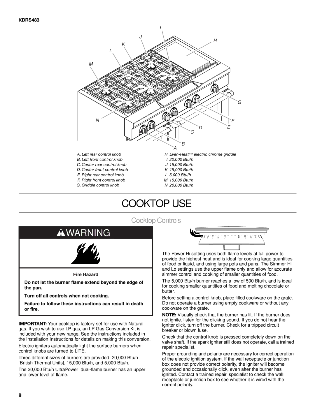 KitchenAid KDRS407, KDRS467, KDRS463, KDRS462 manual Cooktop USE, CooktopControls, KDRS483 