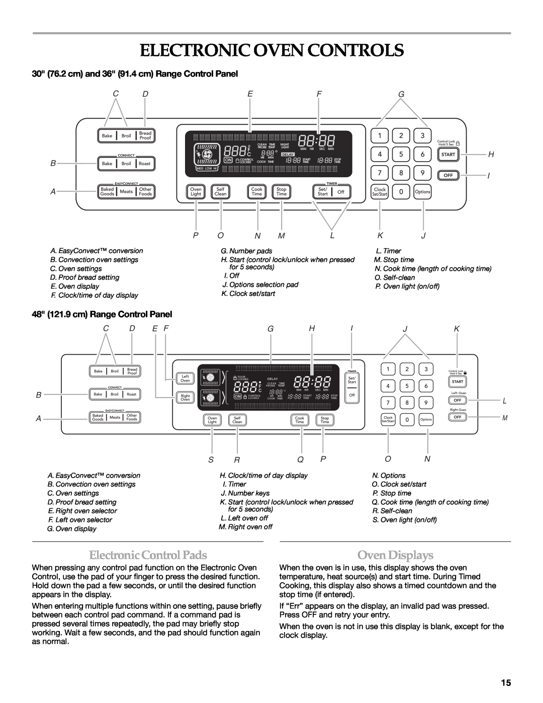 KitchenAid KDRS467 manual Electronic Oven Controls, Electronic Control Pads, Oven Displays, 48 121.9 cm Range Control Panel 