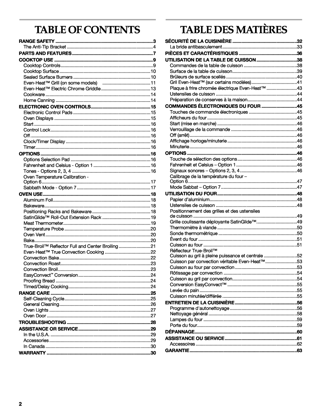KitchenAid KDRS483, KDRS467, KDRS463, KDRS407, KDRS462 manual Table Of Contents, Table Des Matières 