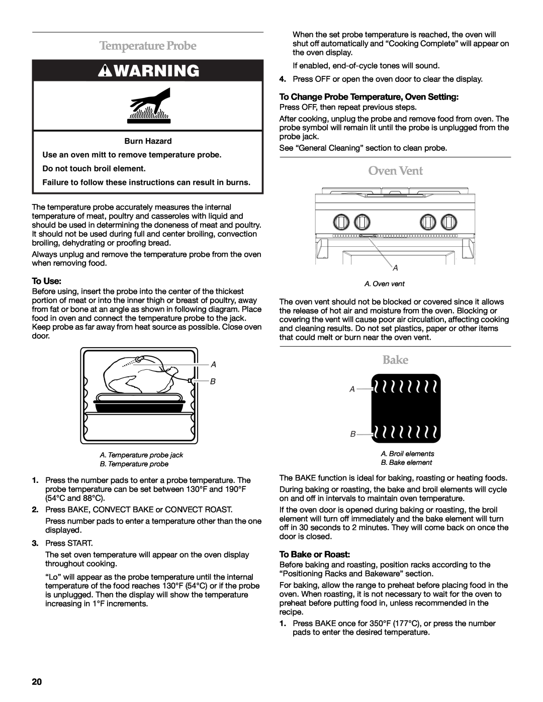KitchenAid KDRS467 Temperature Probe, Oven Vent, To Use, To Change Probe Temperature, Oven Setting, To Bake or Roast 