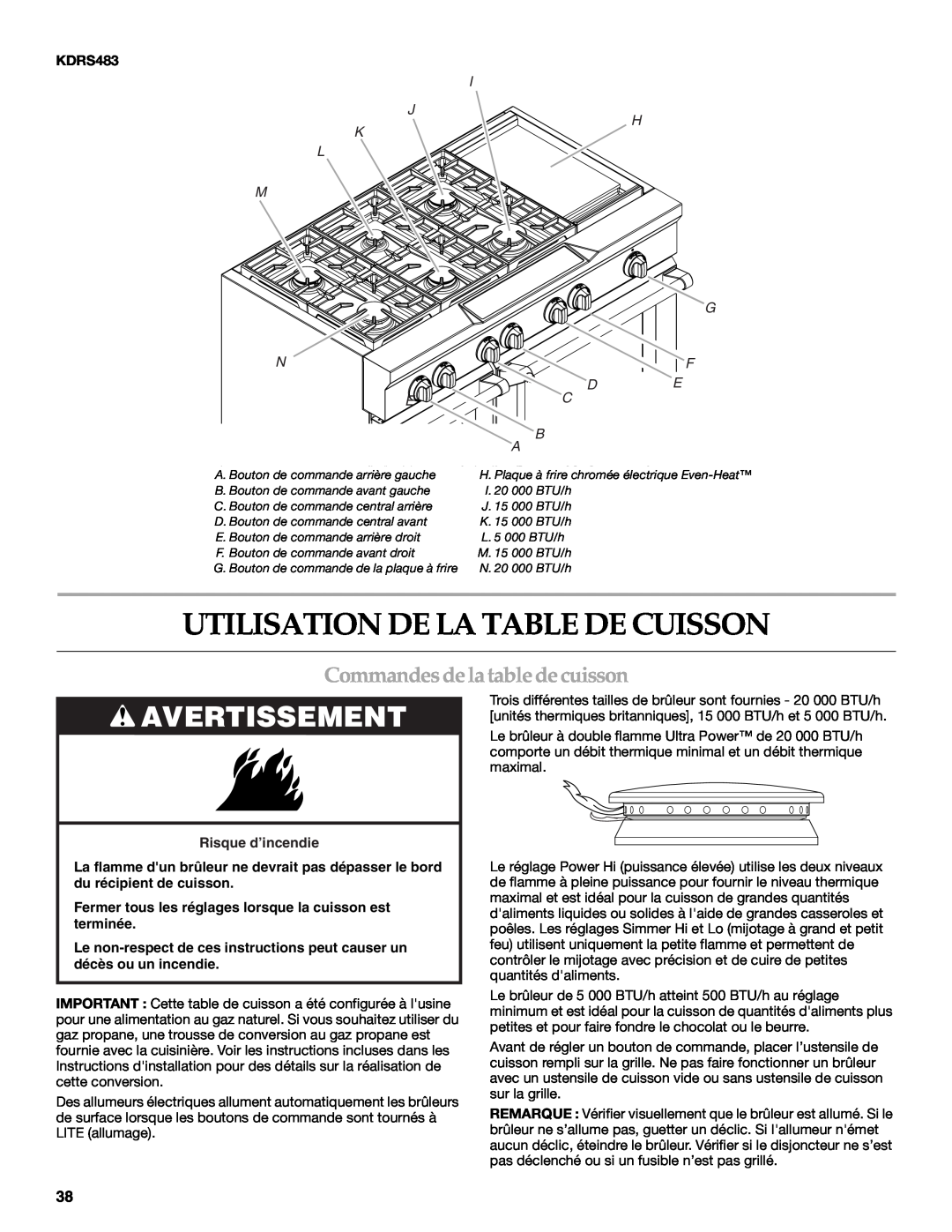 KitchenAid KDRS407 Utilisation De La Table De Cuisson, Commandes de la table de cuisson, Avertissement, I J H K L M G 