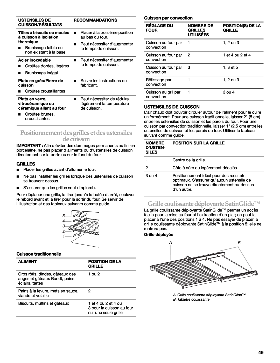 KitchenAid KDRS462 manual Positionnement des grilles et des ustensiles de cuisson, Grille coulissante déployante SatinGlide 