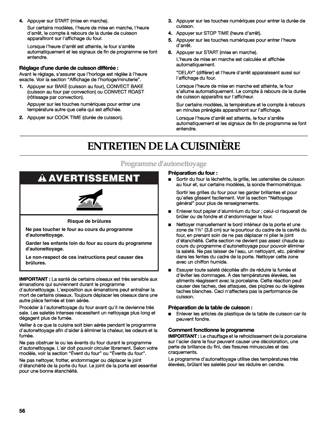 KitchenAid KDRS463, KDRS467 manual Entretien De La Cuisinière, Programme dautonettoyage, Avertissement, Préparation du four 
