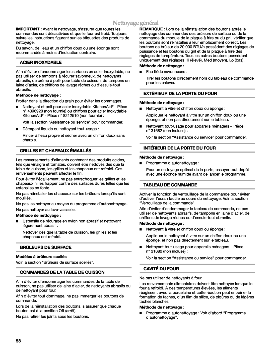 KitchenAid KDRS407 manual Nettoyage général, Acier Inoxydable, Extérieur De La Porte Du Four, Grilles Et Chapeaux Émaillés 