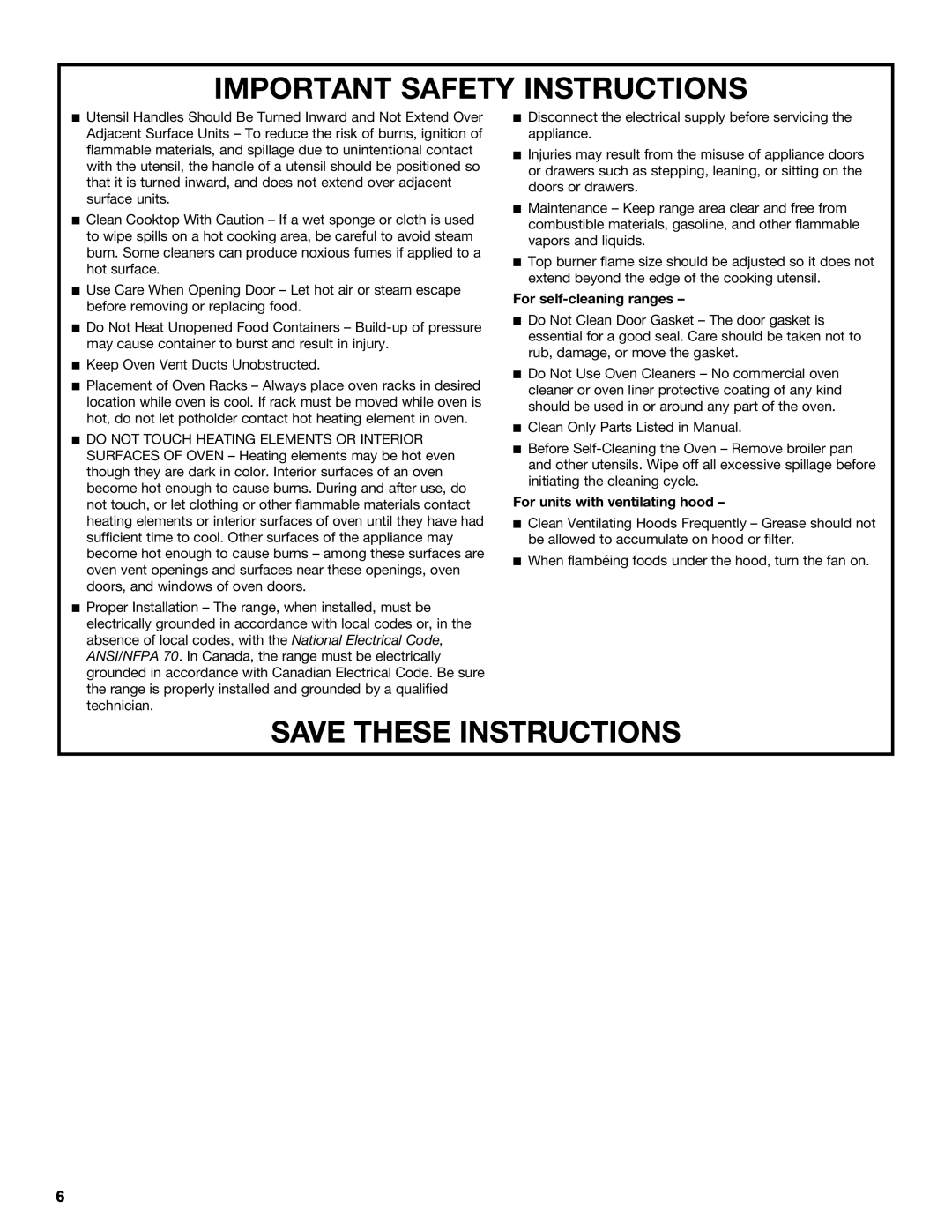 KitchenAid KDRS463, KDRS467, KDRS483 manual Important Safety Instructions, Save These Instructions, For self-cleaning ranges 