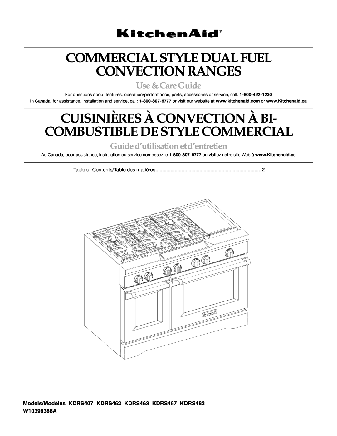 KitchenAid KDRS463 manual Commercial Style Dual Fuel Convection Ranges, Use &CareGuide, Guided’utilisationetd’entretien 