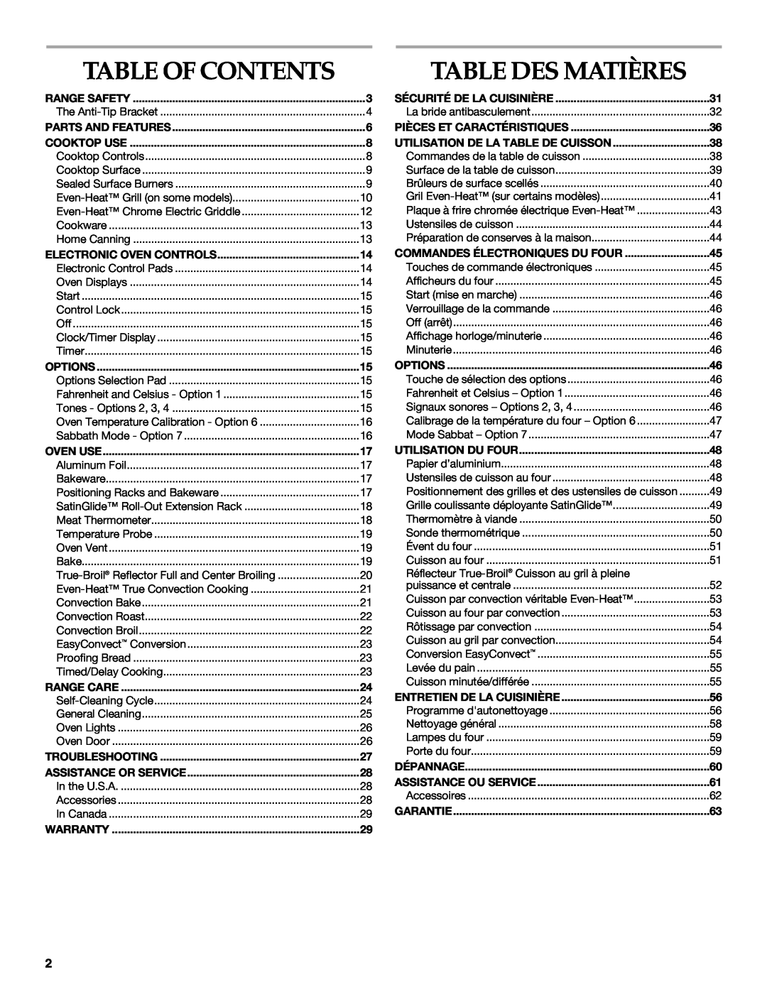 KitchenAid KDRS483, KDRS467, KDRS463, KDRS407, KDRS462 manual Table Des Matières, Table Of Contents 