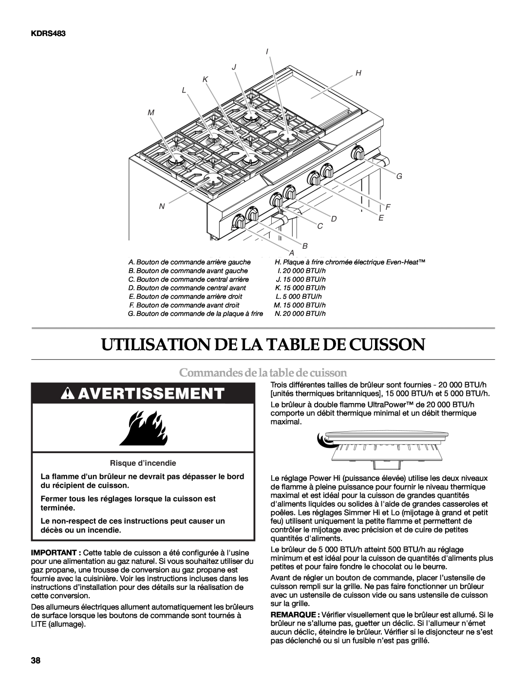 KitchenAid KDRS407 Utilisation De La Table De Cuisson, Commandesdela table decuisson, Avertissement, I J H K L M G, F De 