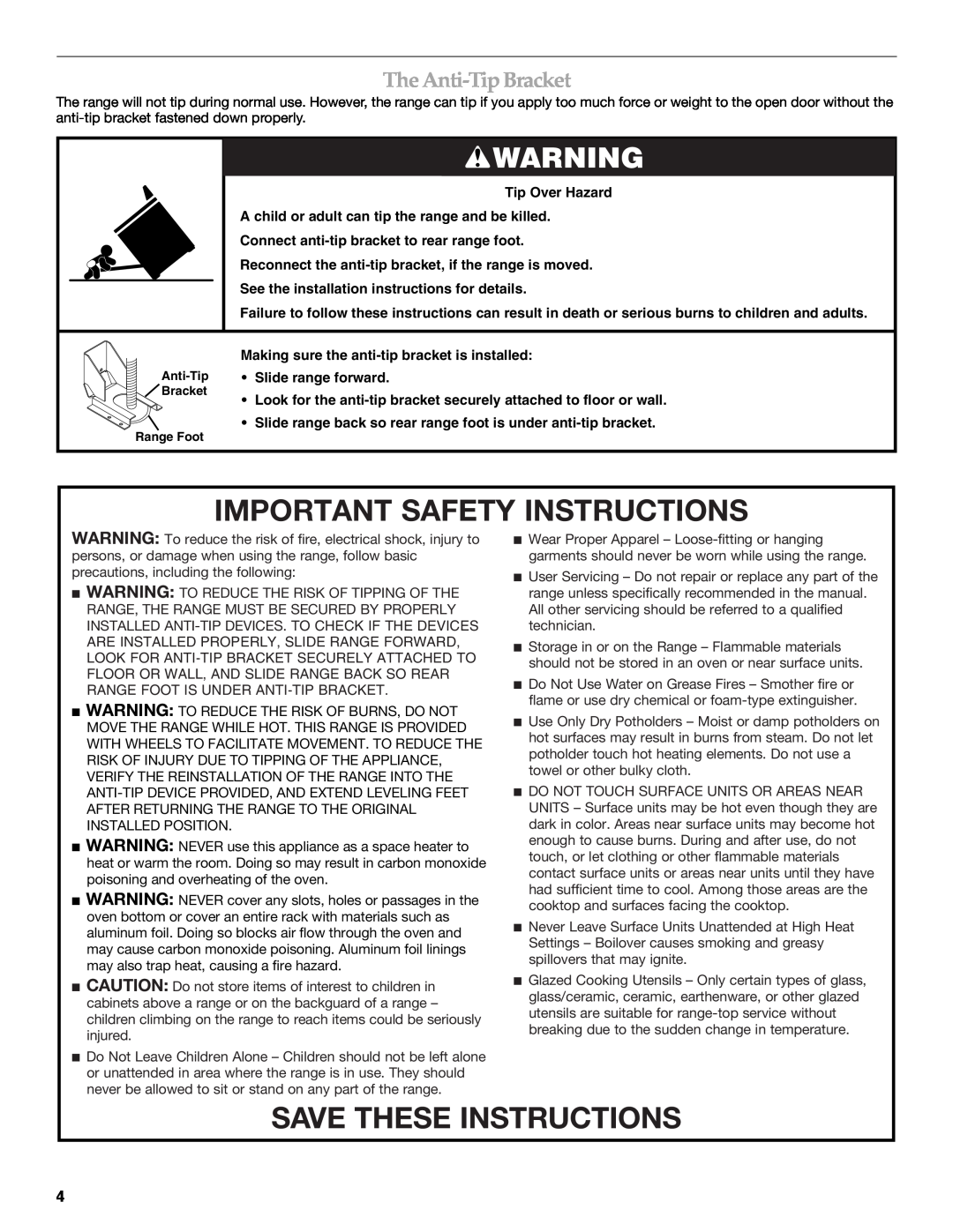 KitchenAid KDRS462, KDRS467, KDRS463, KDRS483 Important Safety Instructions, Save These Instructions, The Anti-Tip Bracket 