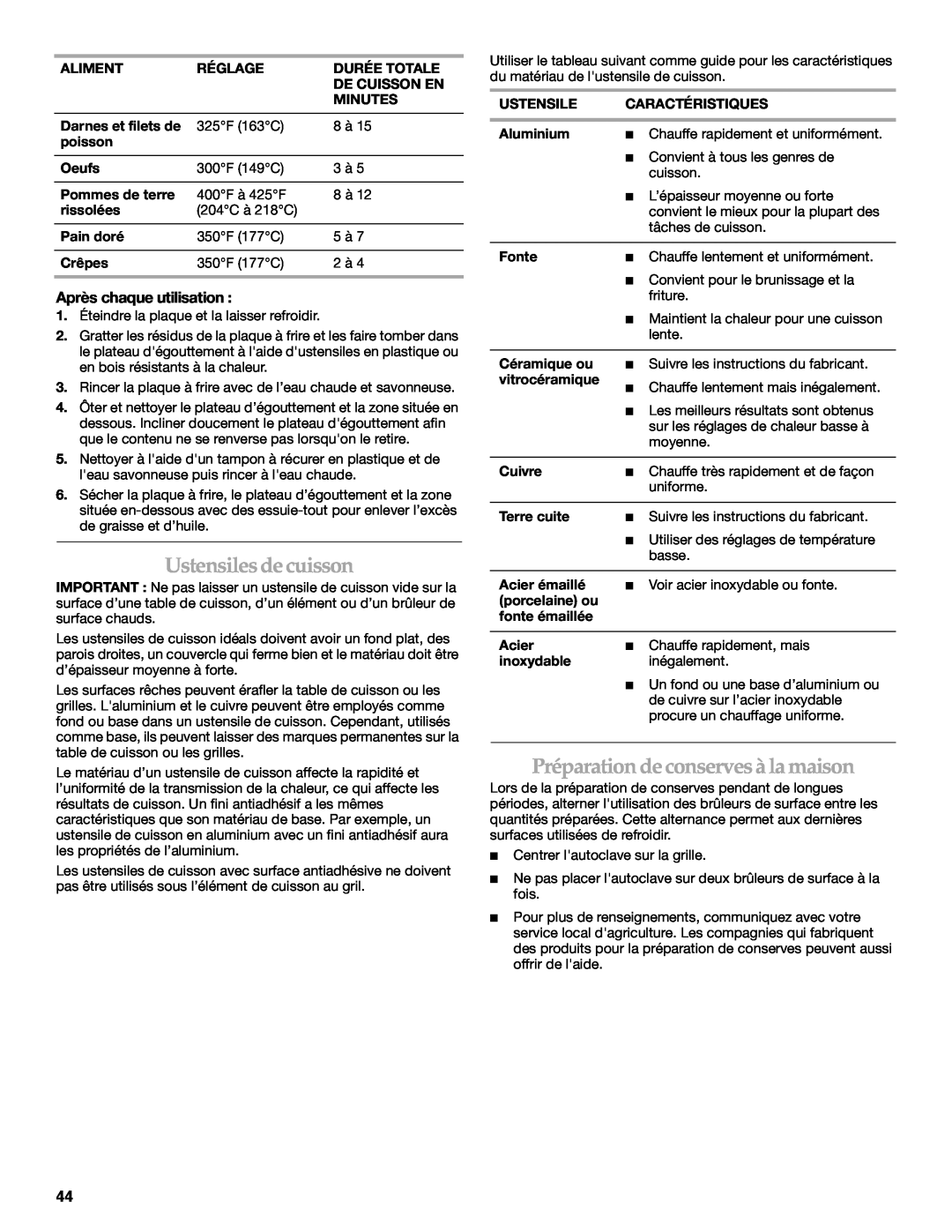 KitchenAid KDRS462, KDRS467, KDRS463 Ustensiles de cuisson, Préparation deconserves à la maison, Après chaque utilisation 