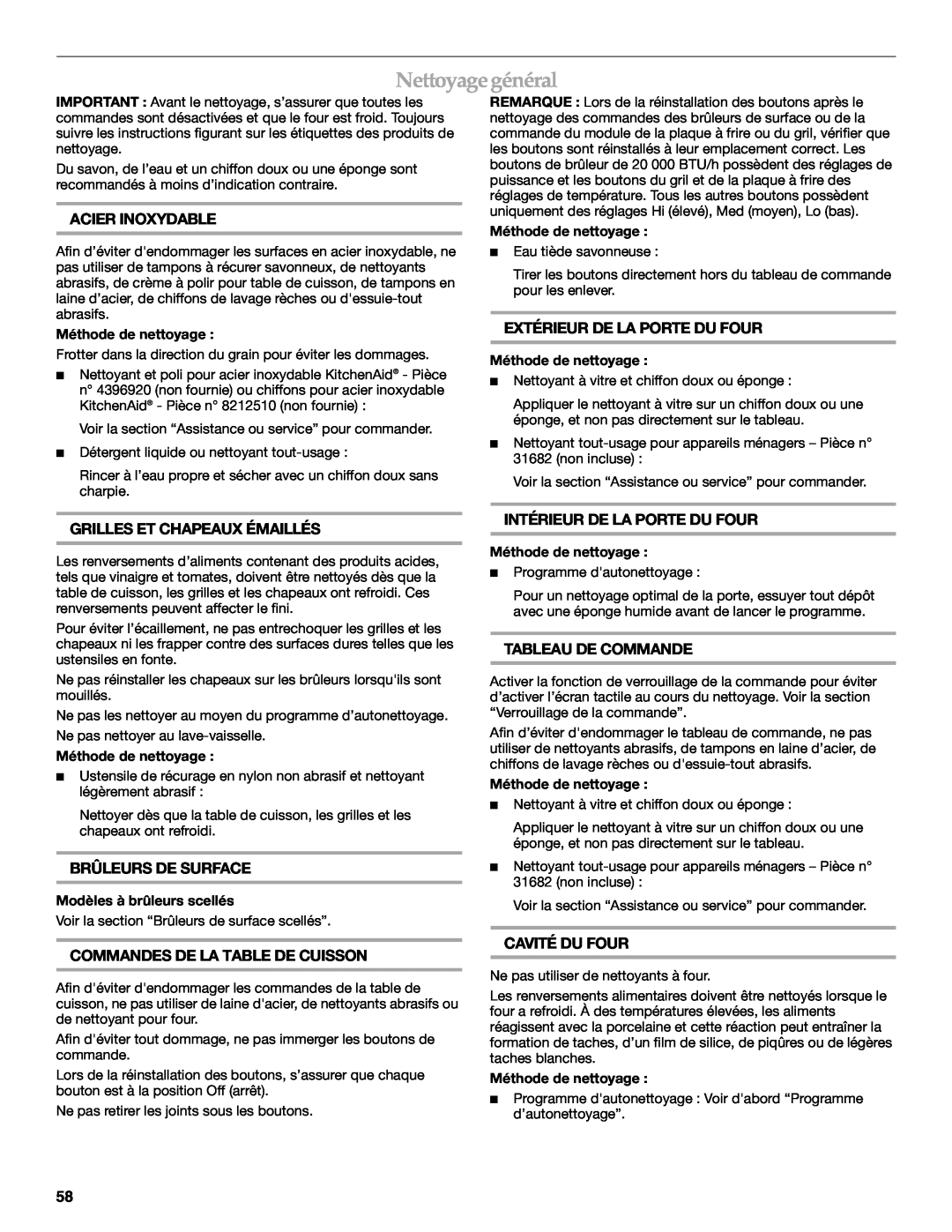 KitchenAid KDRS407 manual Nettoyage général, Acier Inoxydable, Extérieur De La Porte Du Four, Grilles Et Chapeaux Émaillés 