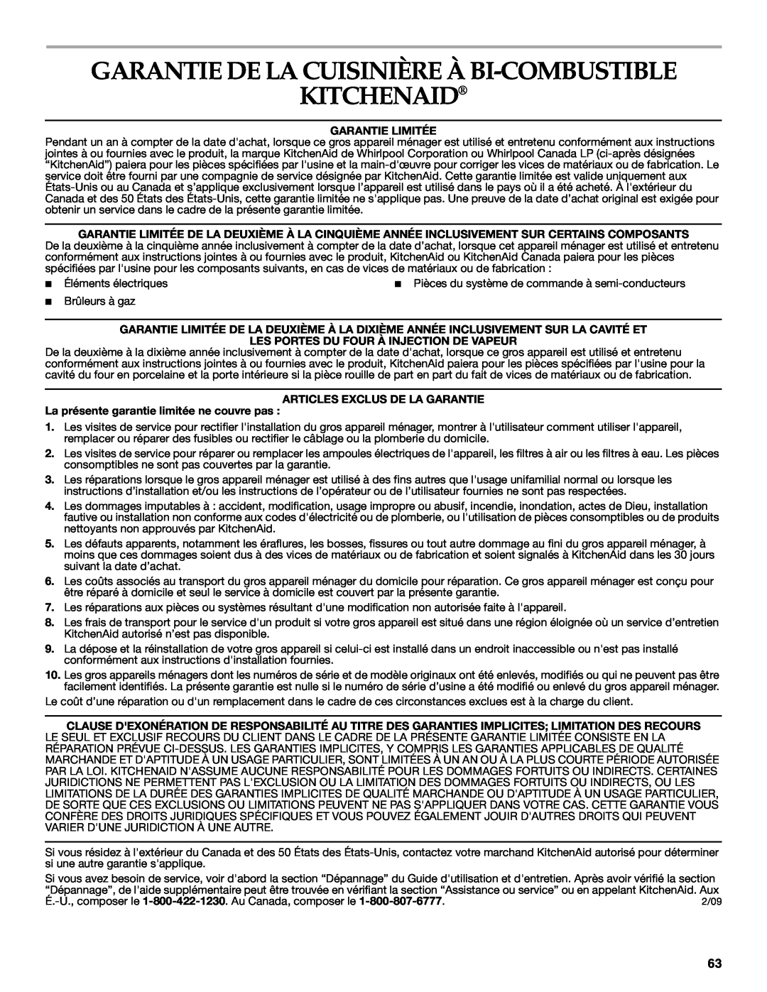 KitchenAid KDRS407 Garantie De La Cuisinière À Bi-Combustible Kitchenaid, Garantie Limitée, Articles Exclus De La Garantie 
