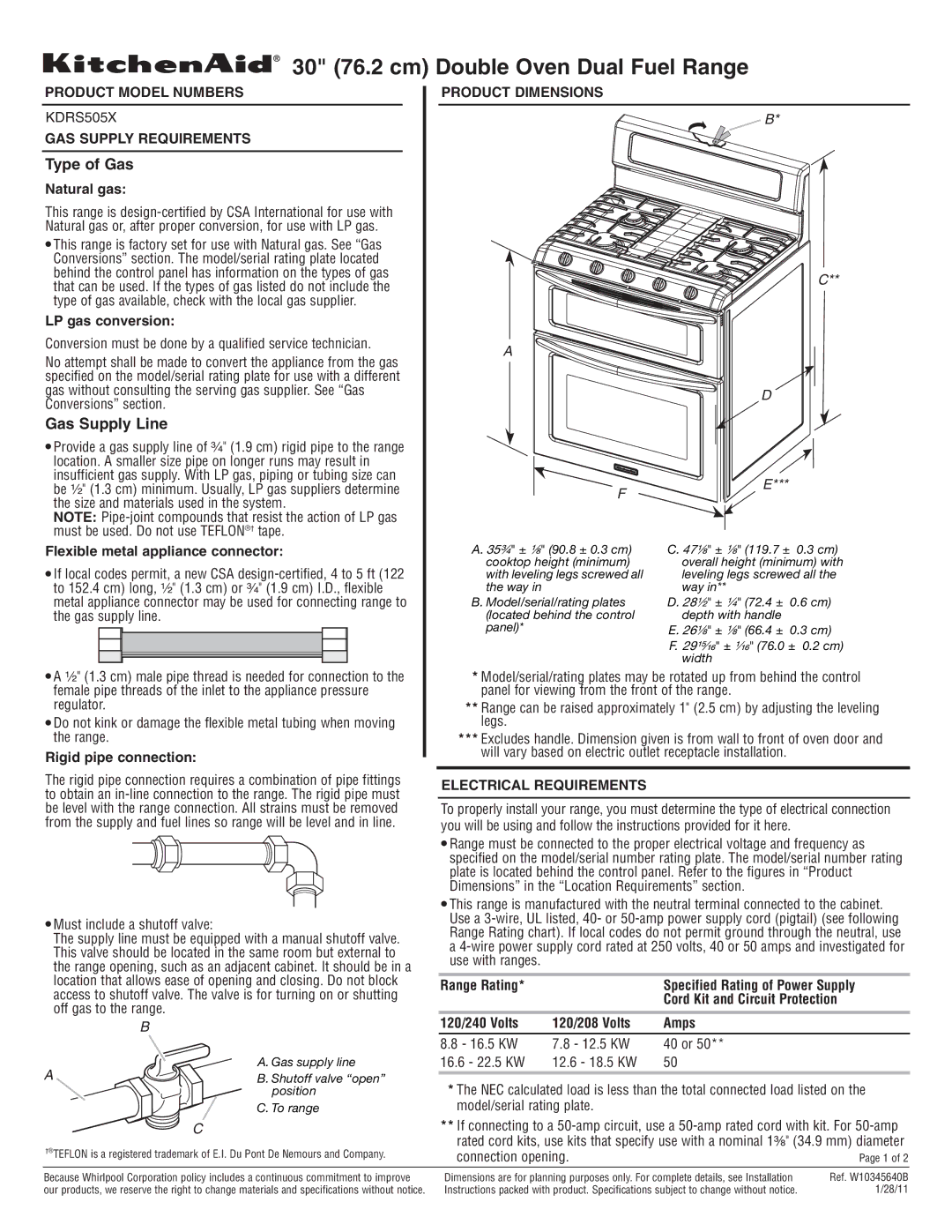 KitchenAid KDRS505X dimensions Type of Gas, Gas Supply Line, Electrical Requirements 