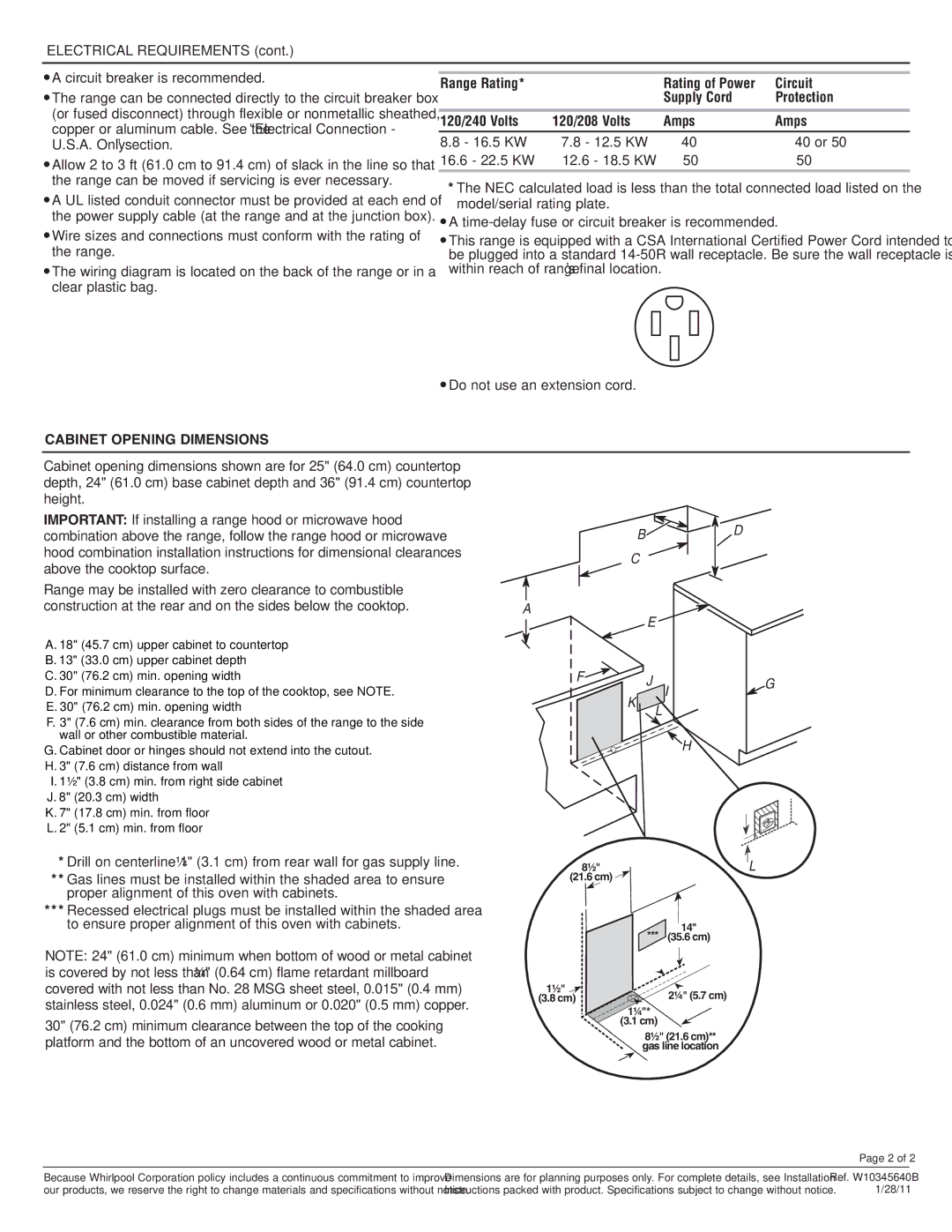 KitchenAid KDRS505X Electrical Requirements, Range Rating, Circuit, Supply Cord Protection, Cabinet Opening Dimensions 