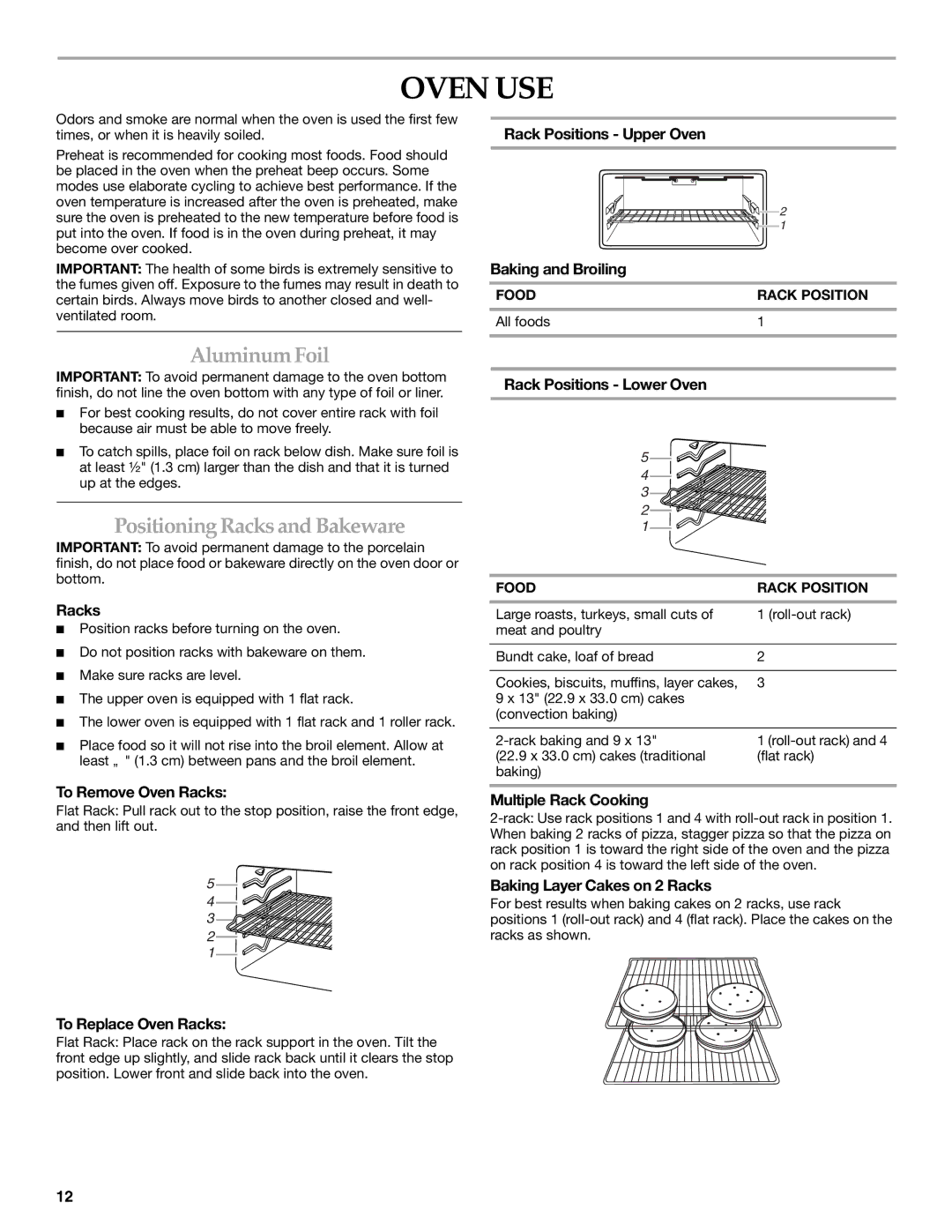 KitchenAid KDRS505XSS manual Oven USE, AluminumFoil, Positioning Racks and Bakeware 